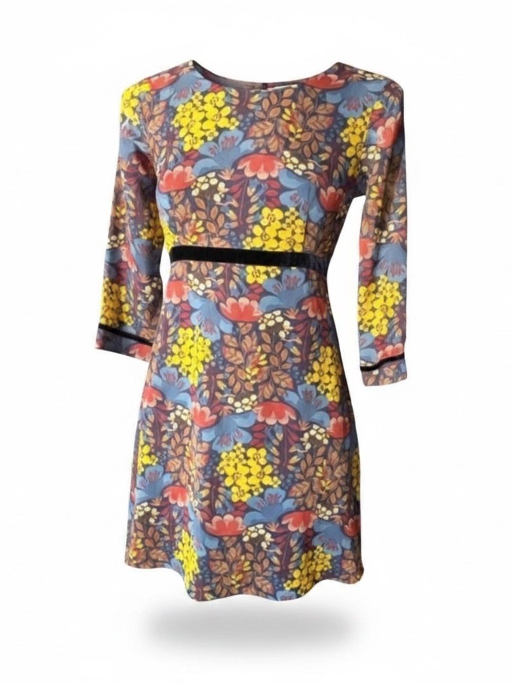 Zara XS Multicolor Floral Print 3/4 Sleeve Mini Dress Retro Boho sz XS
